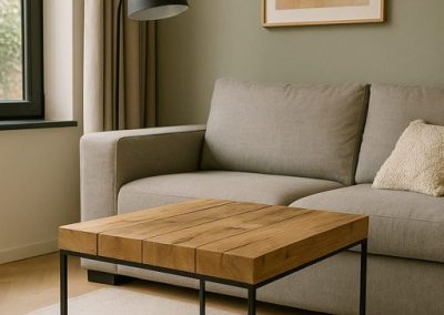 Salón decorado con muebles de madera natural para ambientes luminosos