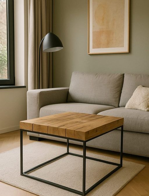 Salón decorado con muebles de madera natural para ambientes luminosos